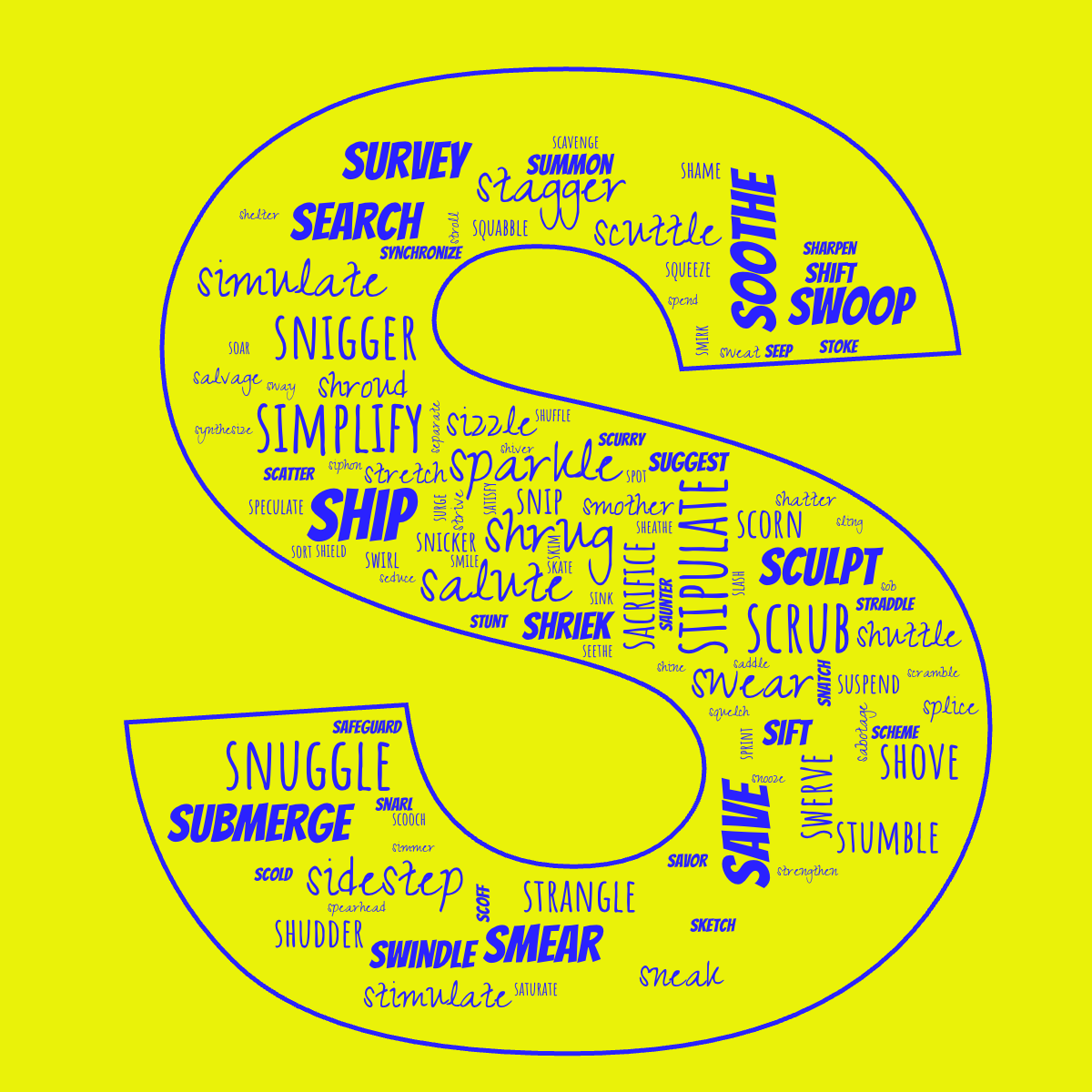 Word cloud in the shape of the letter S with 111 words like smile, shine and stumble in bright blue and yellow.