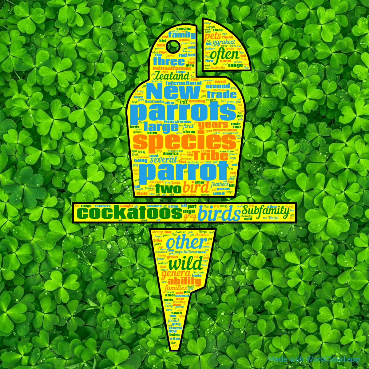Word cloud in a Parrot shape with 50 words like parrots, parrot and species in multicolor.