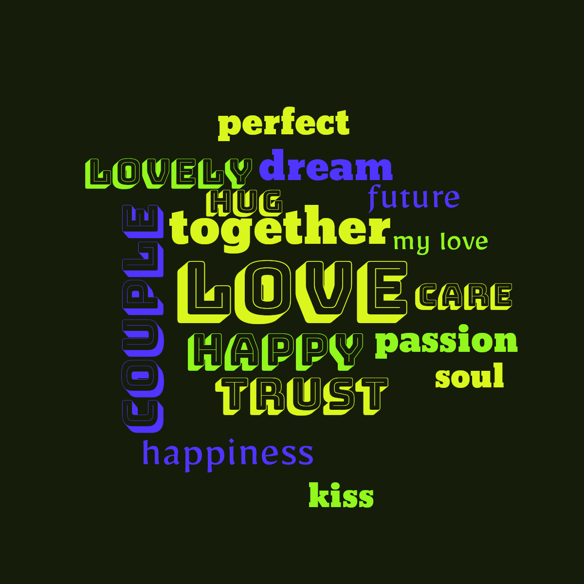 Word cloud with 16 words like love, couple and together in green and blue.