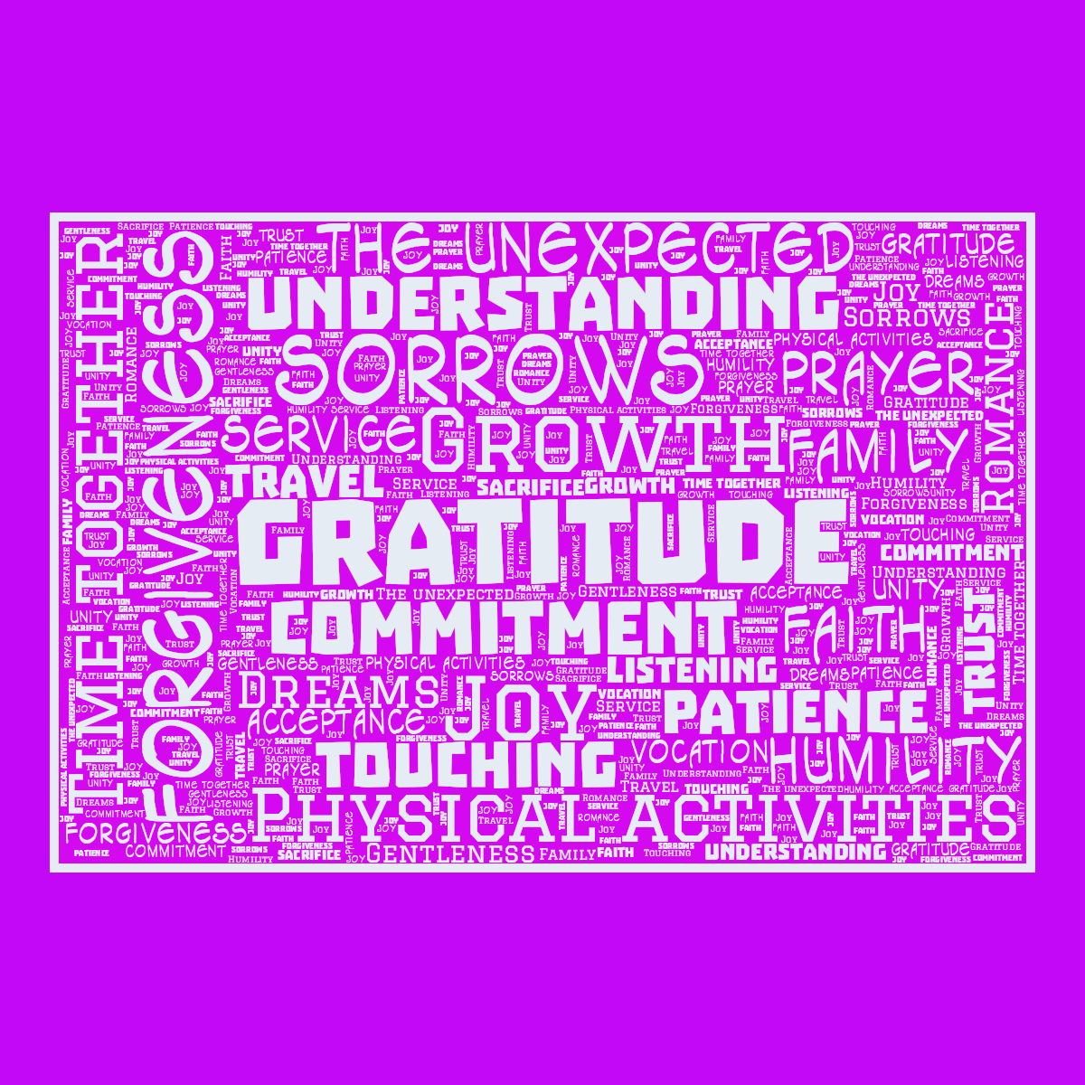 Word cloud in a Horizontal Rectangle shape with 27 words like Gratitude , Forgiveness and Commitment in blue and purple.