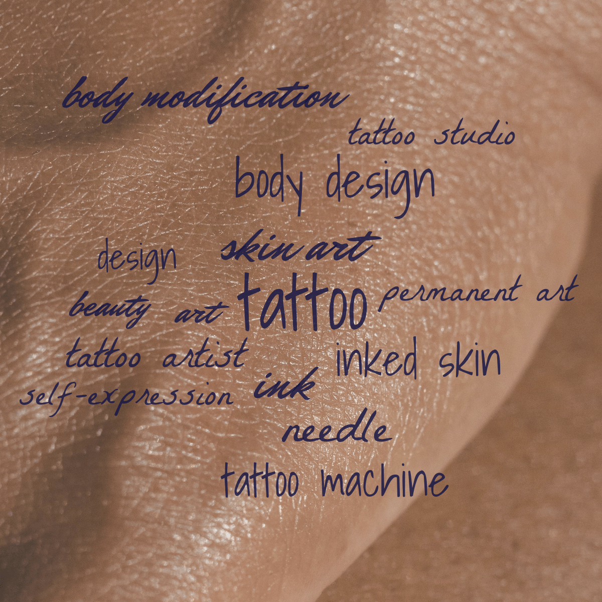 Word cloud with 15 words like tattoo, skin art and ink in dark blue.