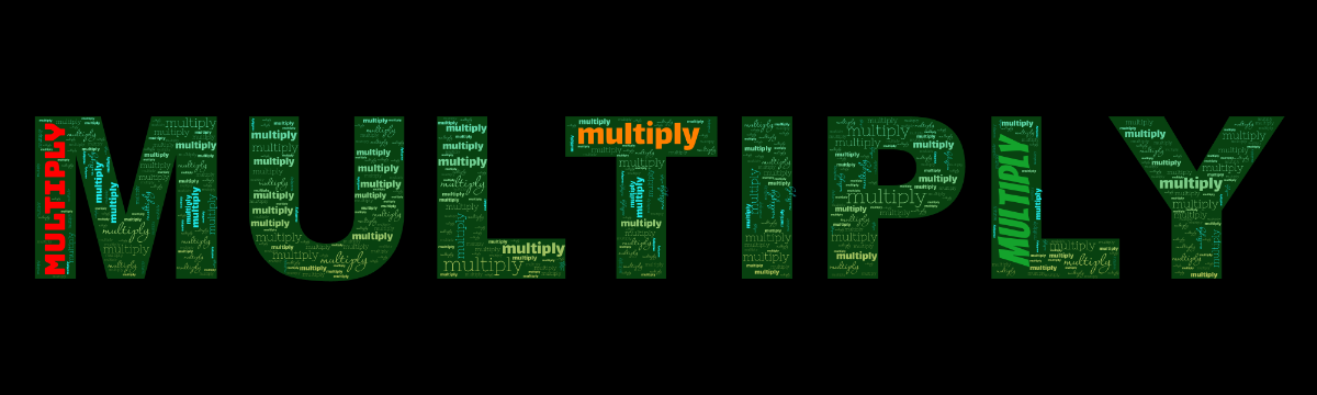 Word cloud in the shape of the word MULTIPLY with 1 repeated word multiply in multicolor.
