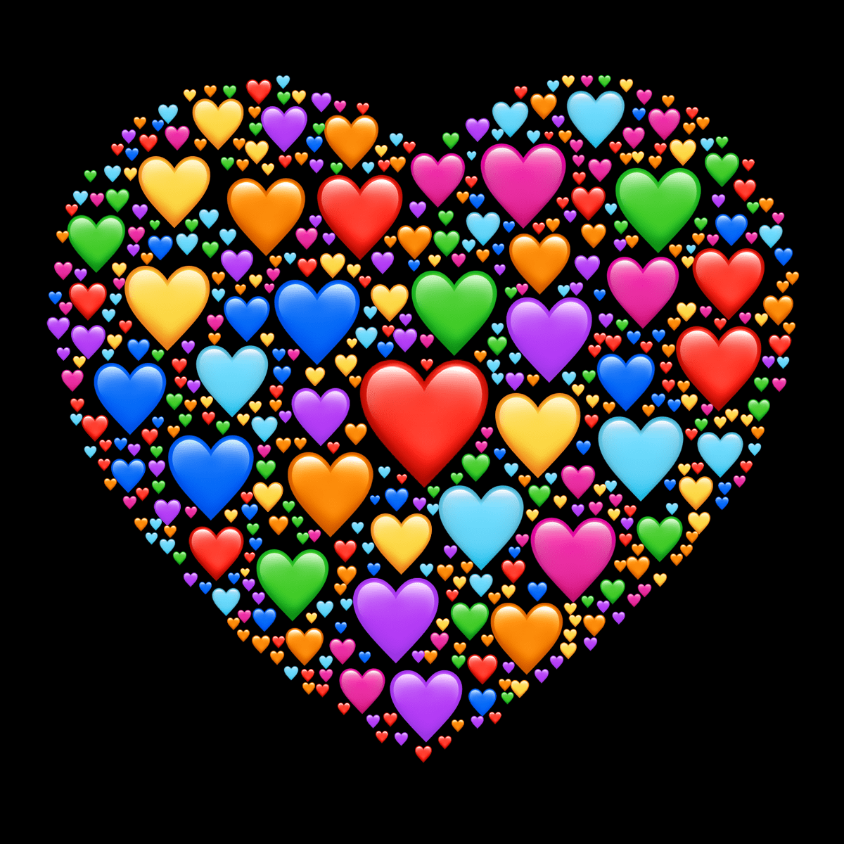 Word cloud in a Heart shape with 8 words like ❤️, 🧡 and 💛 in white and black.