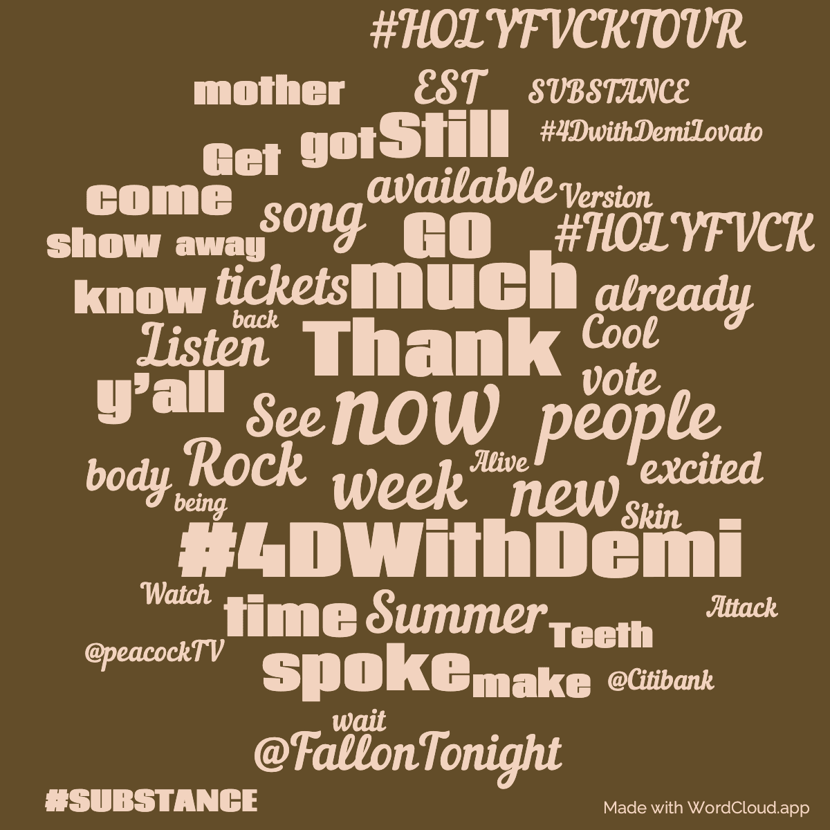 Word cloud with 50 words like now, Thank and week in orange.