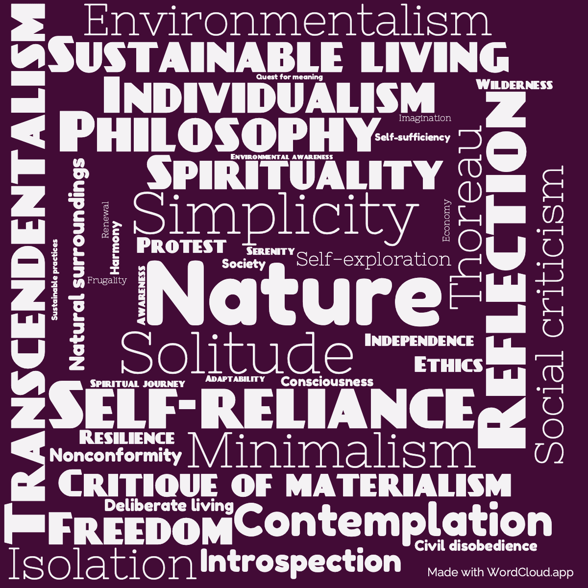Word cloud of the book Walden, and On The Duty Of Civil Disobedience with 44 words like Nature, Simplicity and Solitude.