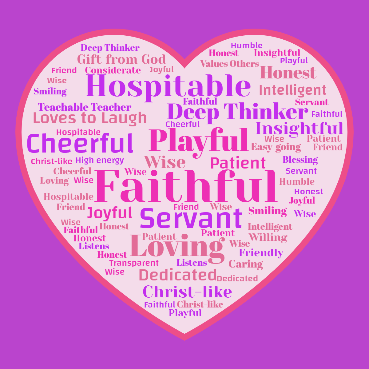 Word cloud in a Heart shape with 34 words like Faithful, Playful and Servant in purple and pink.