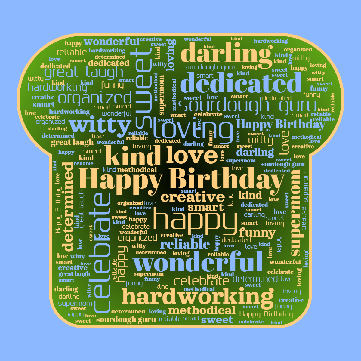 Word cloud in a Bread Slice shape with 22 words like Happy Birthday, love and happy in multicolor.