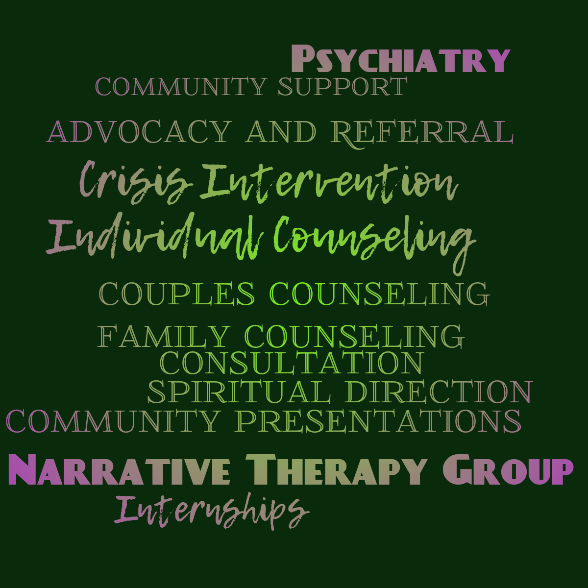 Word cloud with 12 words like Individual Counseling, Couples Counseling and Family Counseling in green and purple.