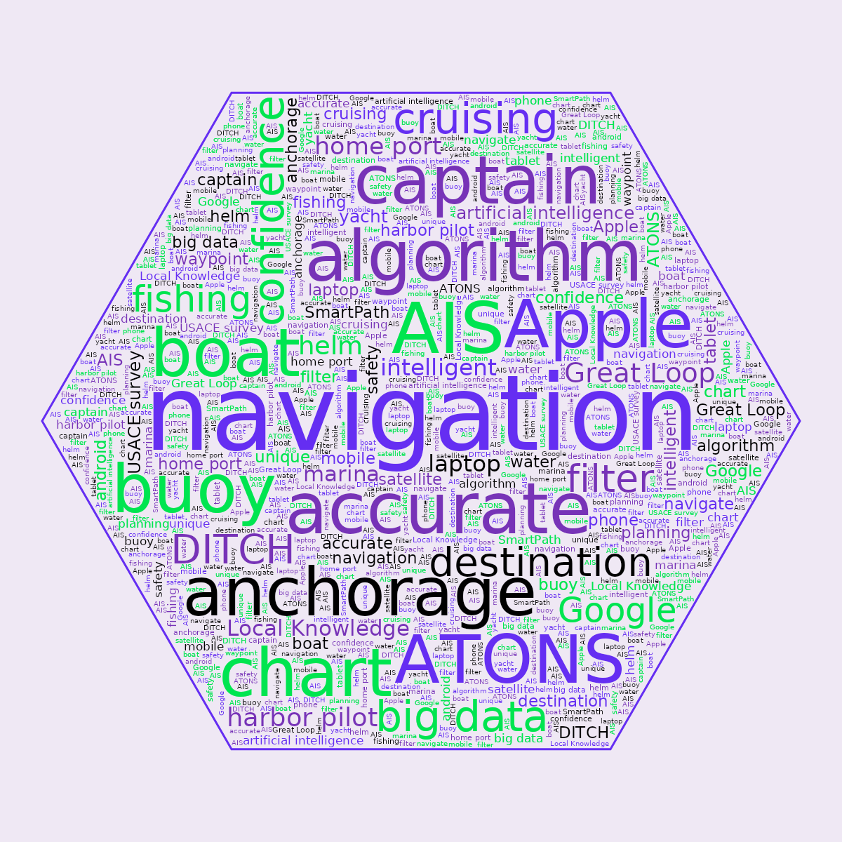 Word cloud in a Hexagon shape with 42 words like navigation, accurate and AIS in multicolor.