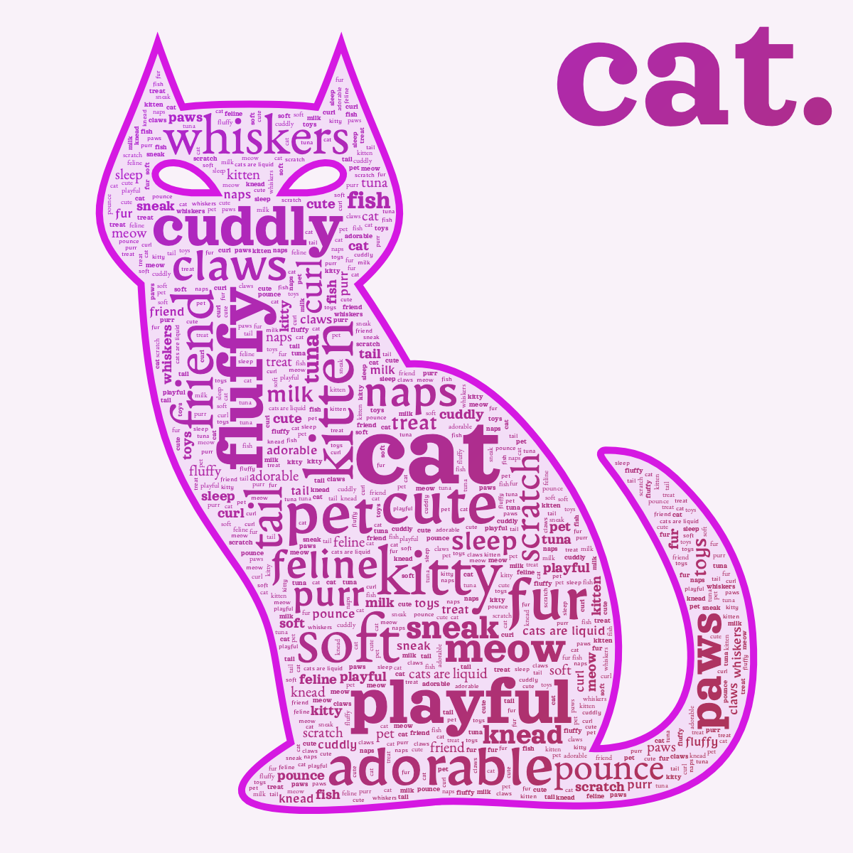 Word cloud in a Cat shape with 32 words like cat, kitten and cute in purple and red.