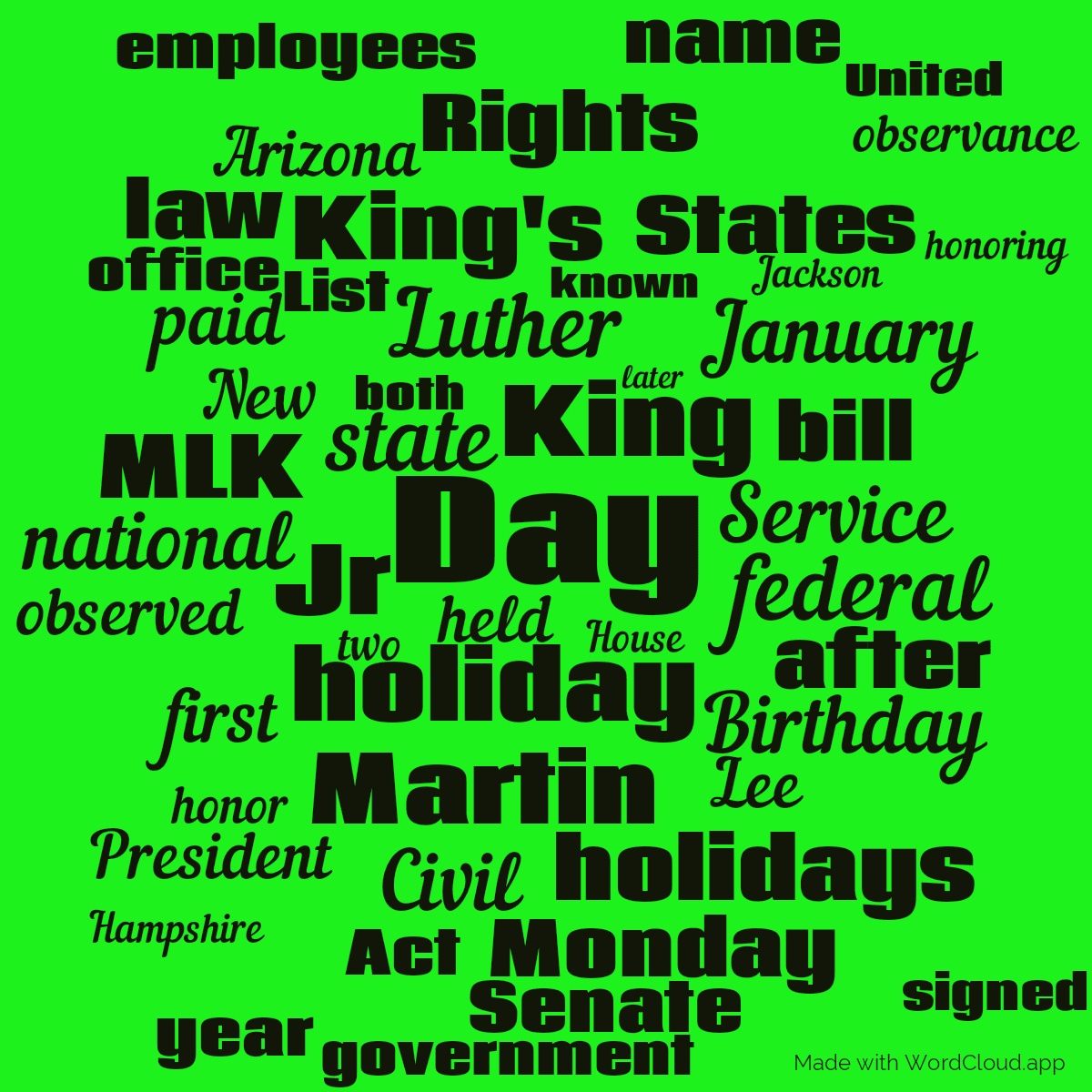 Word cloud with 50 words like Day, King and holiday in black and green.