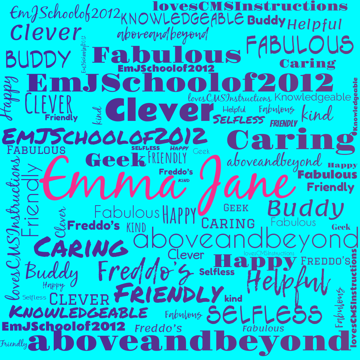 Word cloud with 15 words like aboveandbeyond, Buddy and Caring in blue and purple.