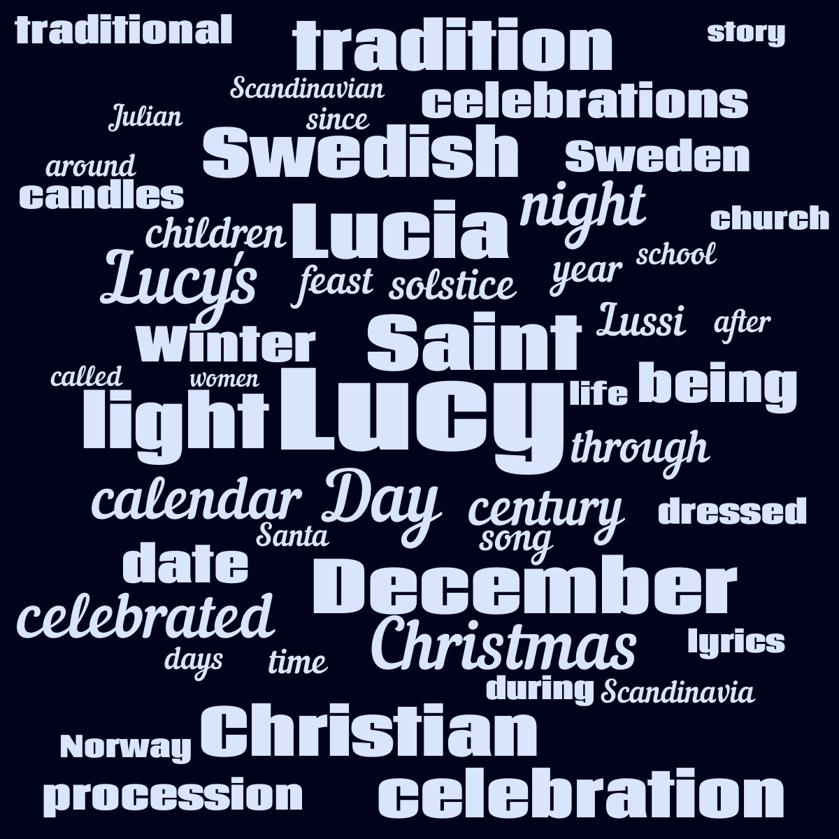 Word cloud with 50 words like Lucy, Saint and Day in blue and black.