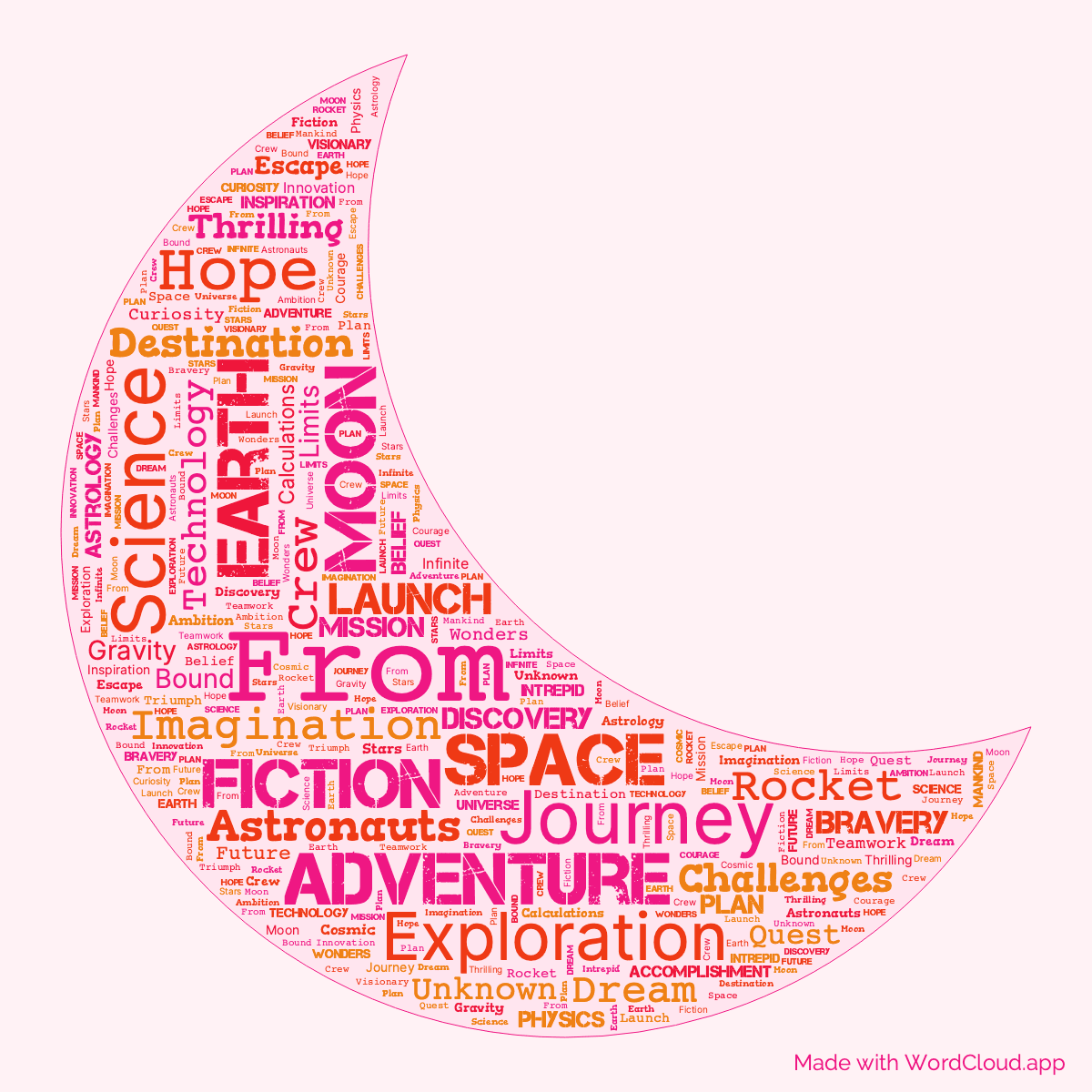 Word cloud of the book From the Earth to the Moon in a Moon shape with 51 words like From, Earth and Moon.