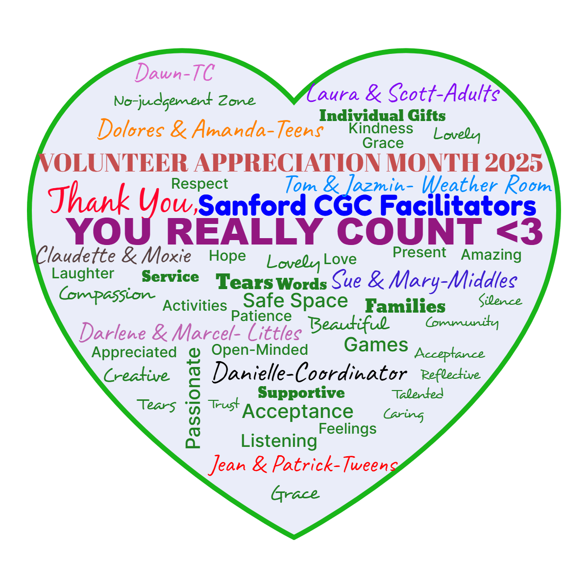 Word cloud in a Heart shape with 51 words like Acceptance, Amazing and Caring in green and blue.