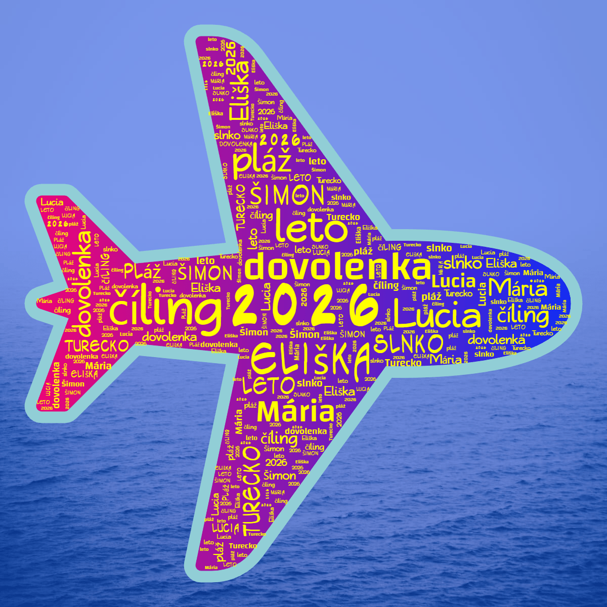 Word cloud in an Aeroplane shape with 11 words like 2026, číling and dovolenka in yellow, pink and blue.