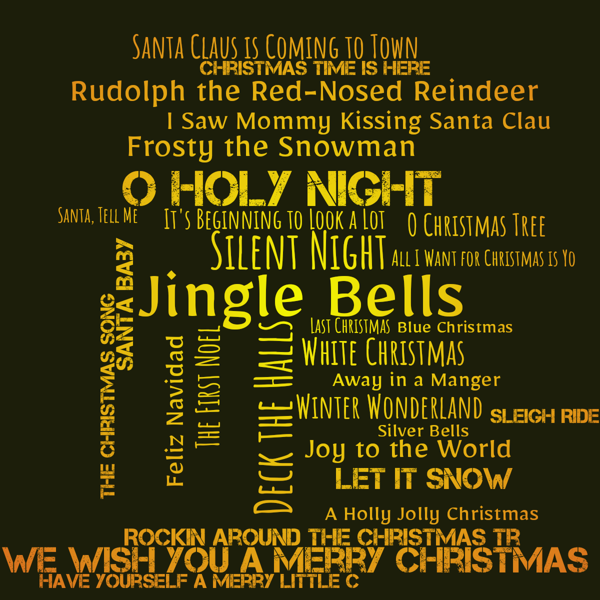 Word cloud with 30 words like Jingle Bells, Silent Night and Deck the Halls in yellow, orange and green.