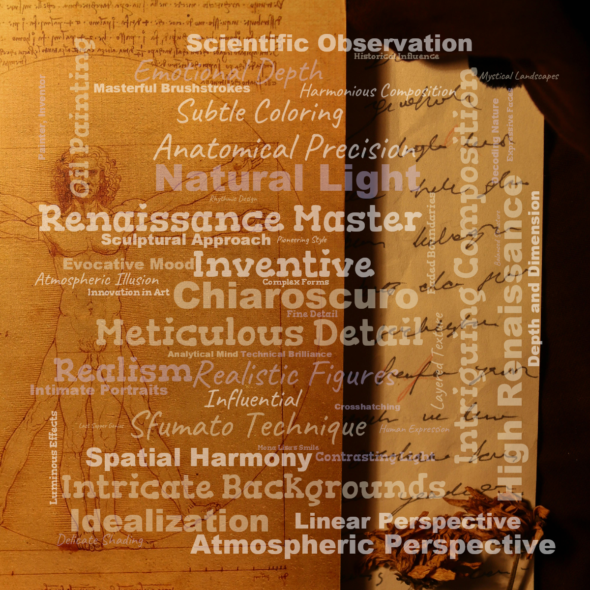 Word cloud with 50 words like Renaissance Master, Chiaroscuro and Inventive in white, orange and blue.