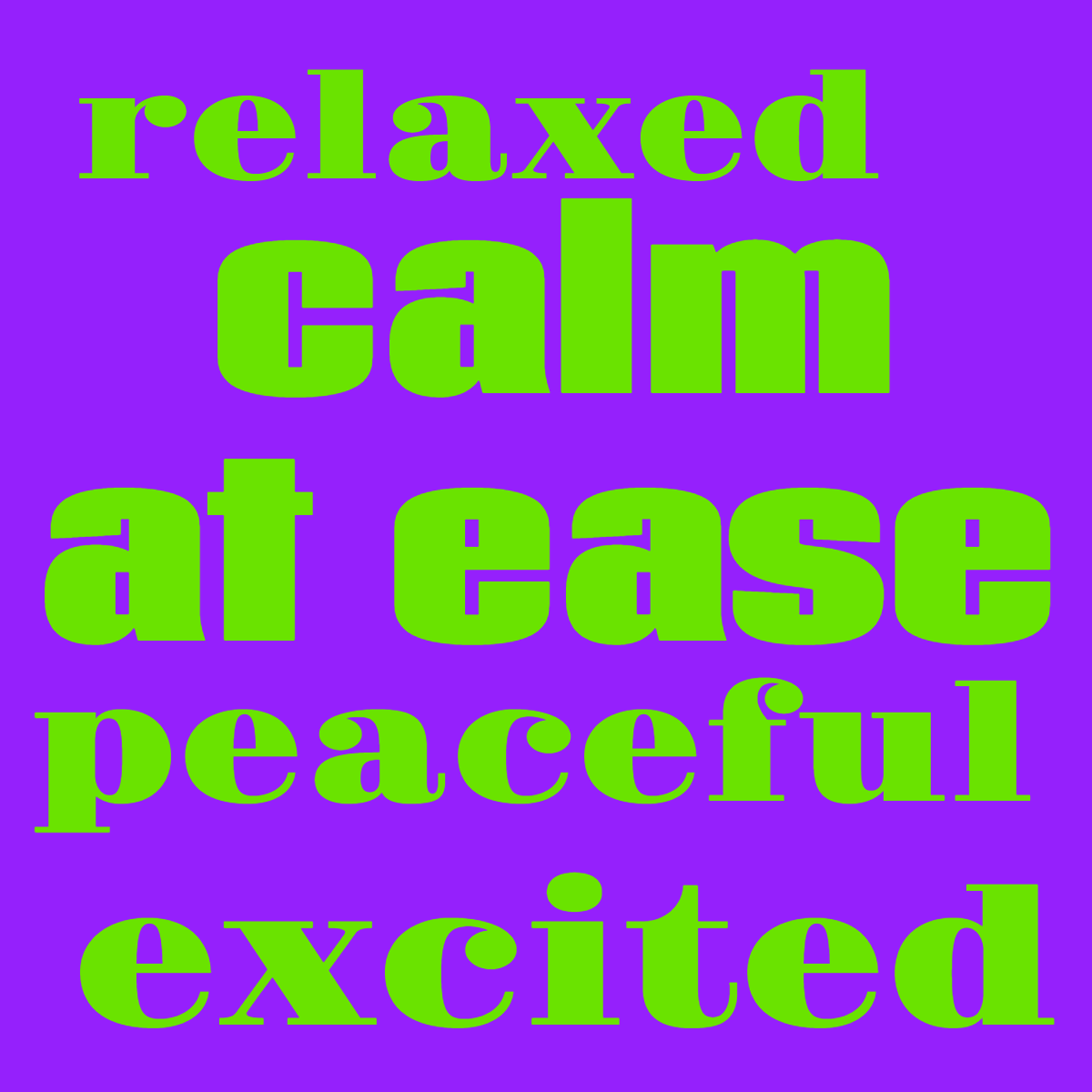 Word cloud with 5 words like at ease, calm and excited in green and purple.