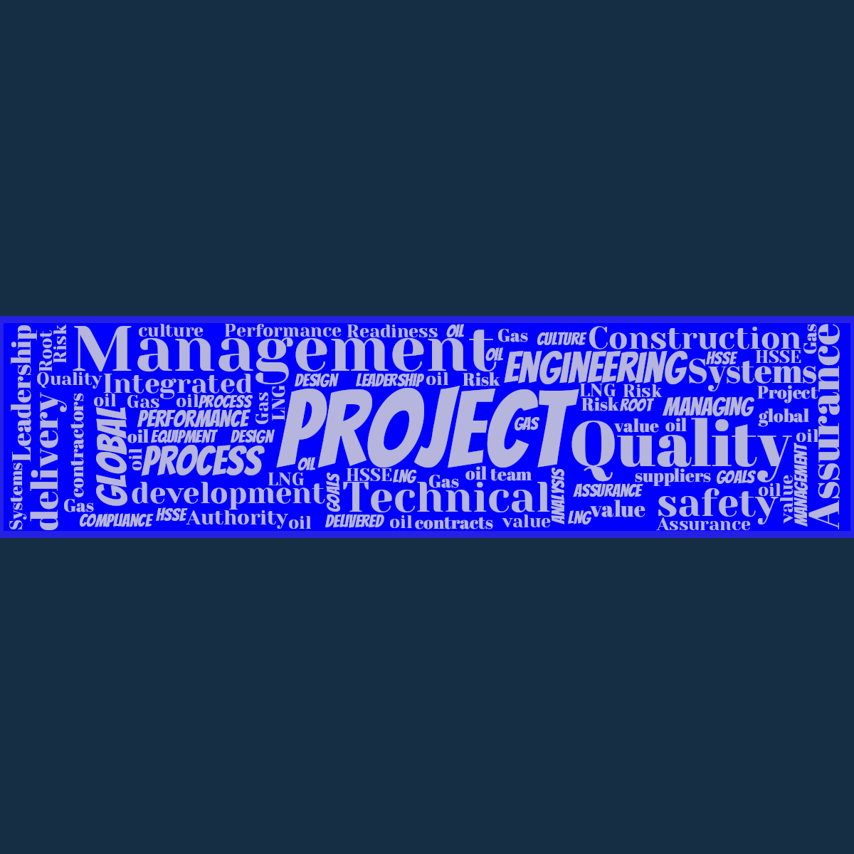 Word cloud in a Minus shape with 73 words like Project, Management and Quality in yellow and blue.