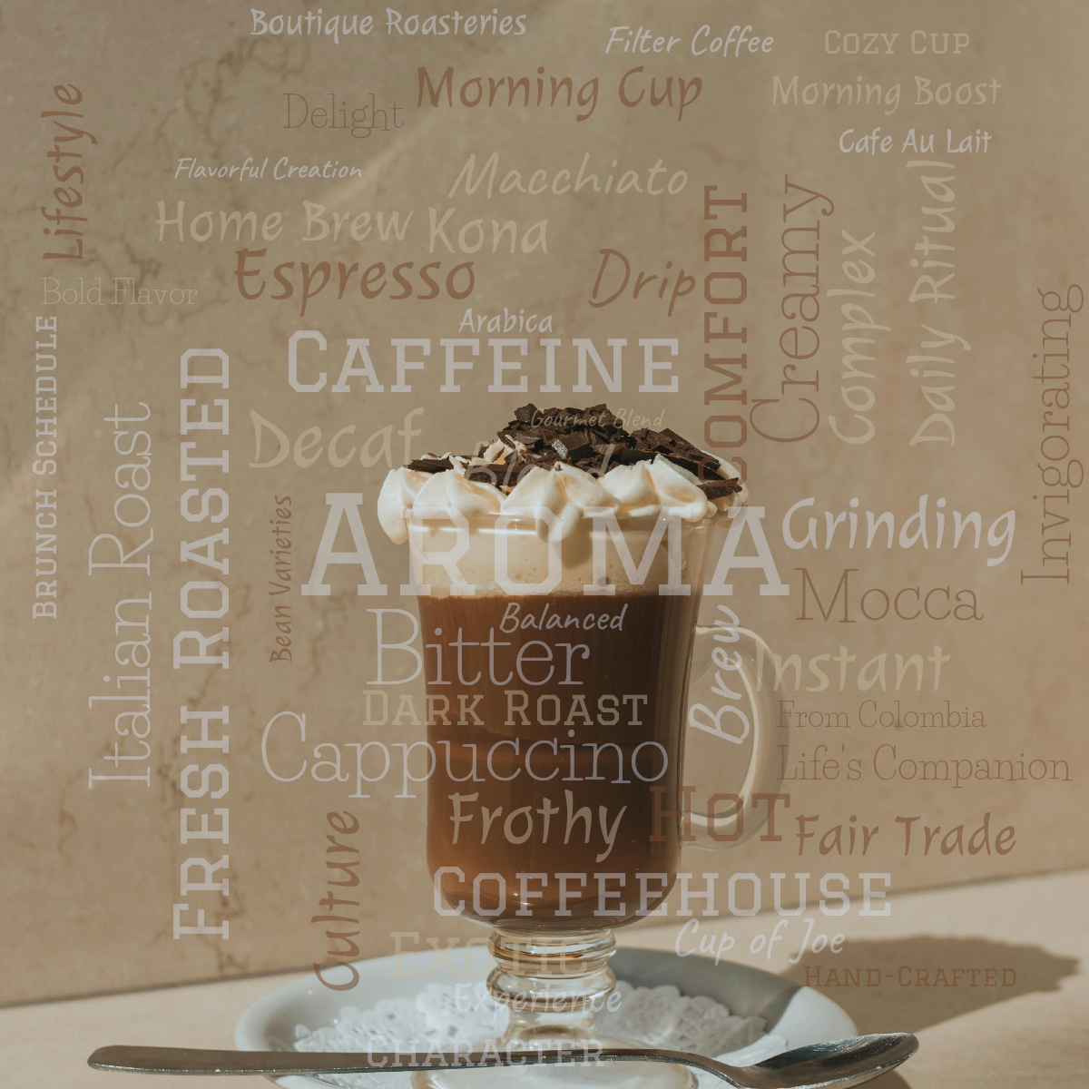 Word cloud with 50 words like Aroma, Bitter and Blend in blue and orange.