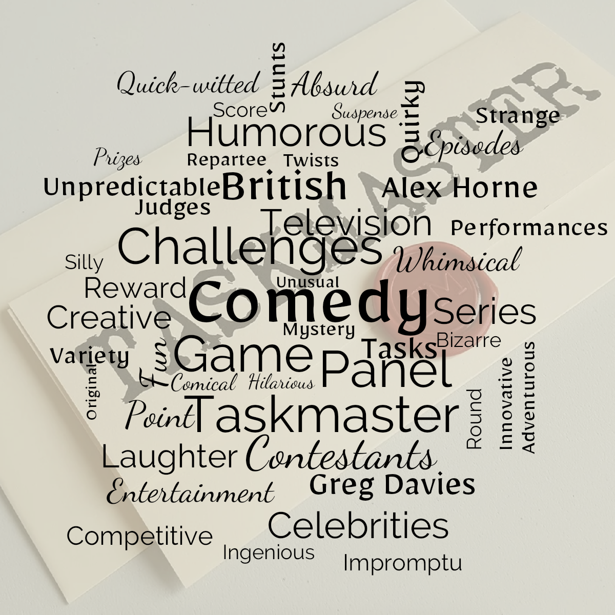 Word cloud with 49 words like Comedy, Challenges and Panel in black.