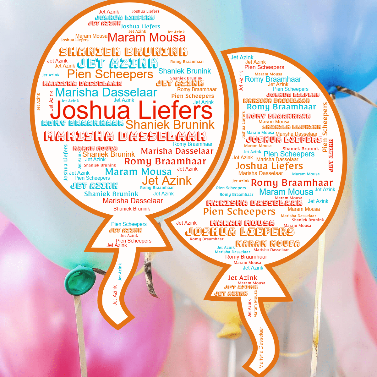 Word cloud in a Balloon shape with 7 words like Jet Azink, Romy Braamhaar and Shaniek Brunink in red, orange and blue.