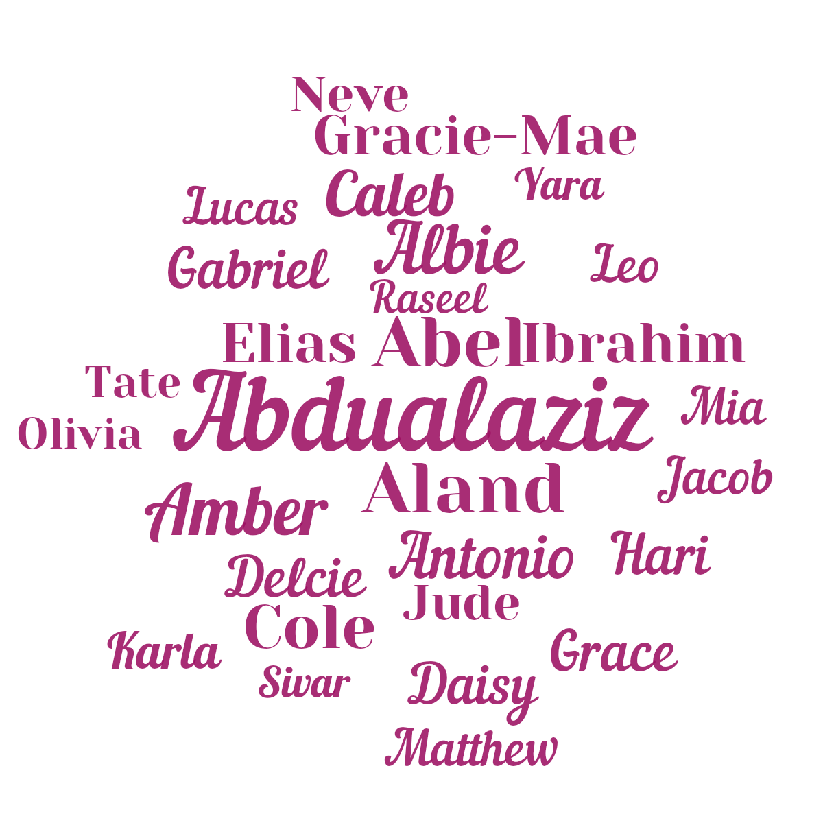 Word cloud with 29 words like Abdualaziz, Abel and Aland in pink and white.