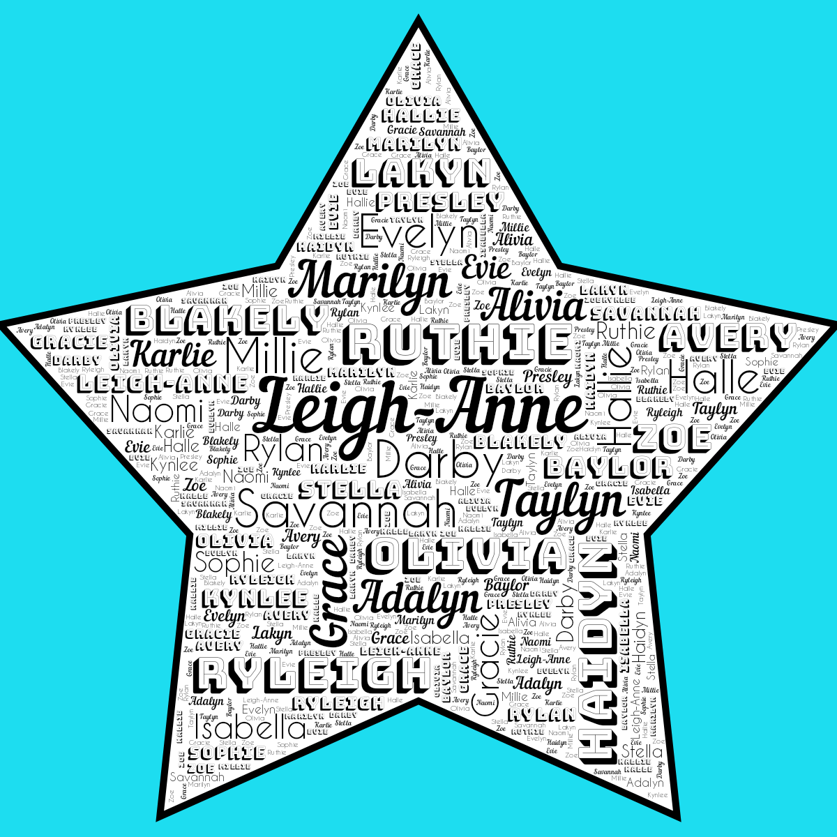 Word cloud in a Star shape with 31 words like Leigh-Anne, Darby and Ruthie in black, blue and white.