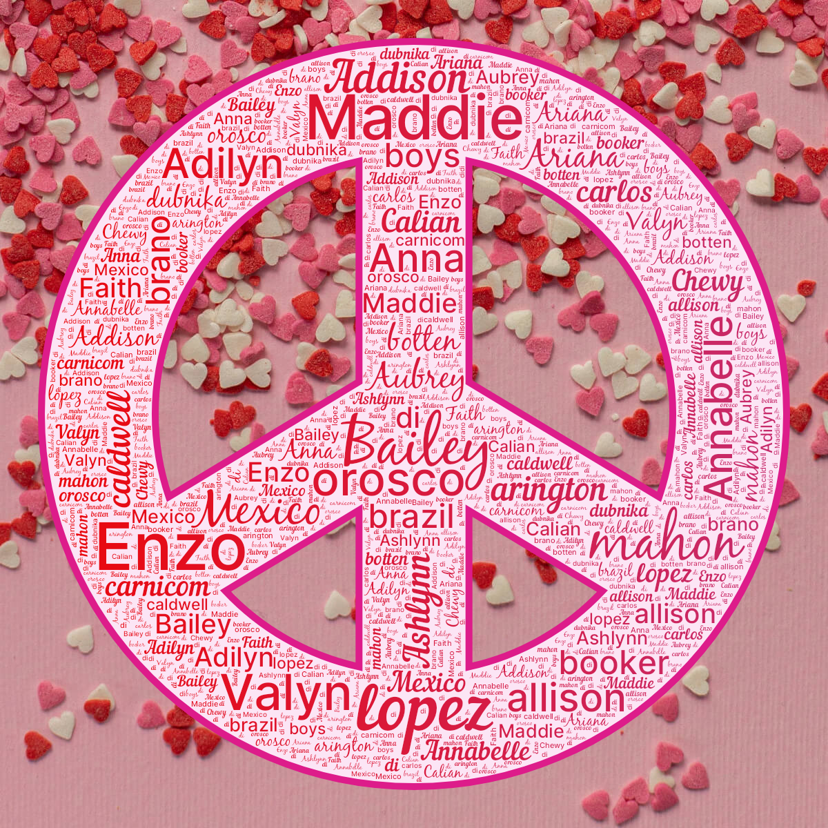 Word cloud in a Peace shape with 30 words like Enzo, Bailey and lopez in red, pink and purple.