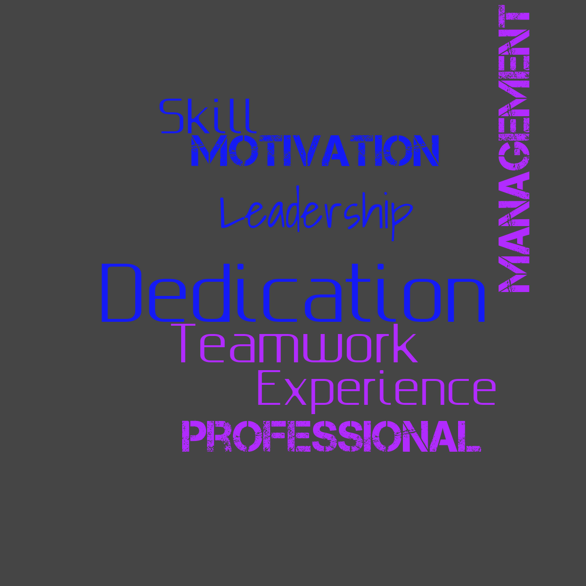 Word cloud with 8 words like Dedication, Teamwork and Leadership in multicolor.