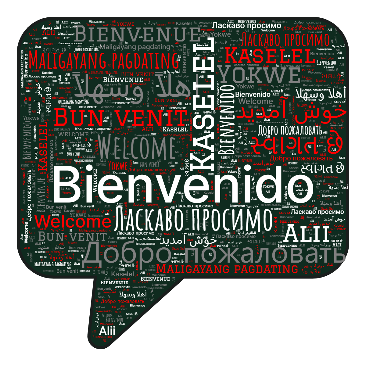 Word cloud in a Speech Bubble shape with 13 words like Bienvenido, Kaselel and Ласкаво просимо in multicolor.