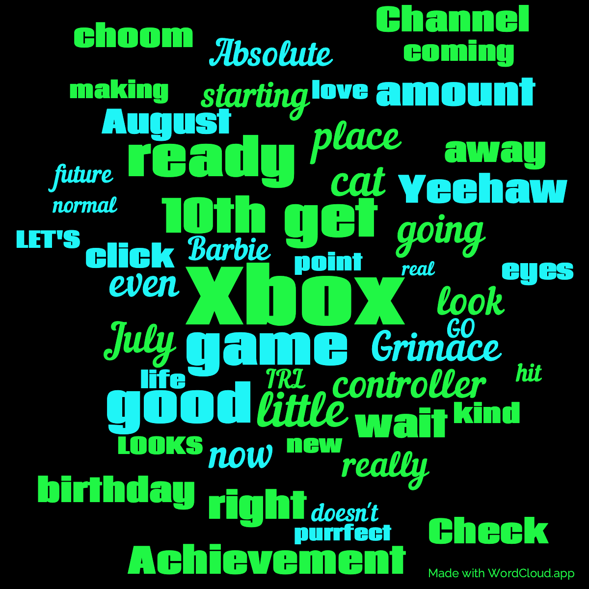 Word cloud with 50 words like Xbox, game and get in green, blue and black.