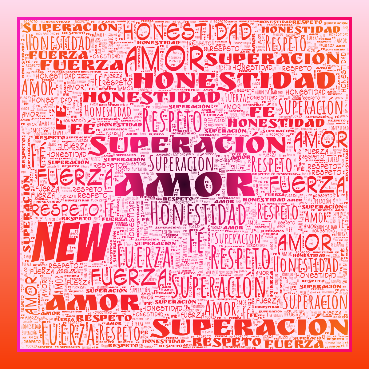 Word cloud in a Square shape with 6 words like Amor, Superación and Honestidad in multicolor.