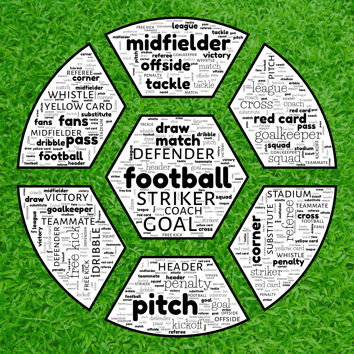 Word cloud in a Football shape with 31 words like football, goal and pitch in black and white.