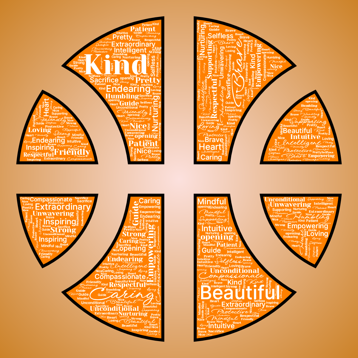 Word cloud in a Basketball shape with 30 words like Kind, Beautiful and Brave in multicolor.