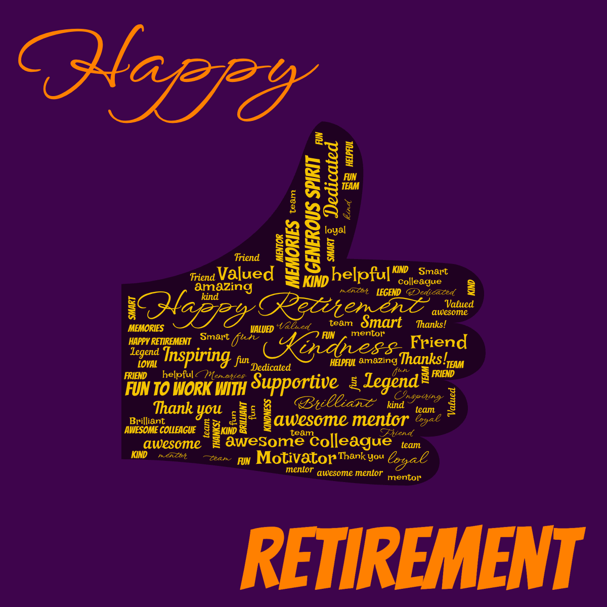 Word cloud in a Thumbs Up shape with 28 words like Happy Retirement, Kindness and Generous spirit in yellow and purple.
