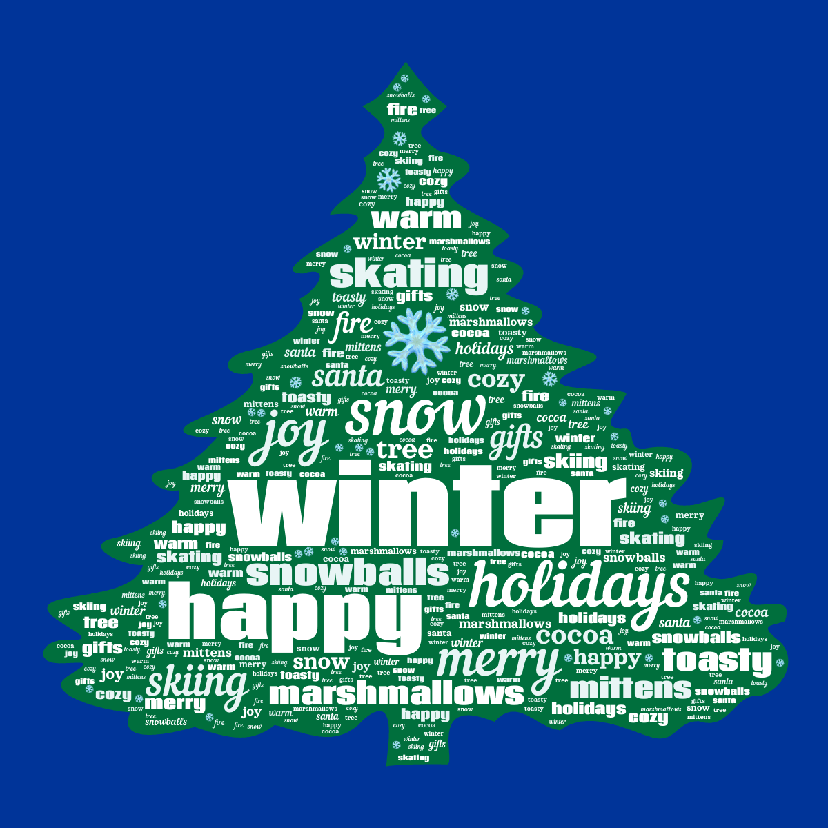 Word cloud in a Christmas Tree shape with 20 words like winter, snow and ❄️ in white, blue and green.