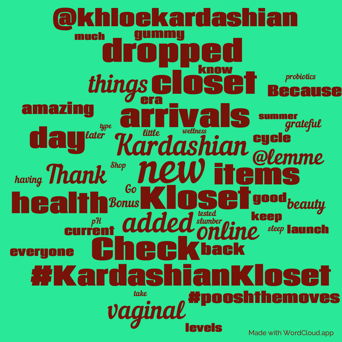 Word cloud with 50 words like new, Kardashian and Kloset in red and green.
