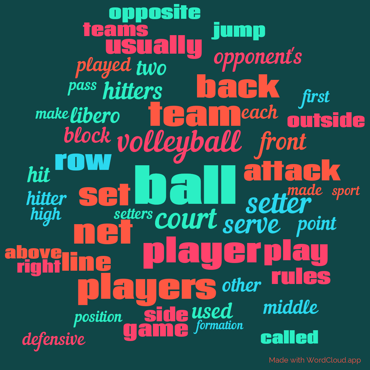 Word cloud with 50 words like ball, volleyball and court in green, blue and red.