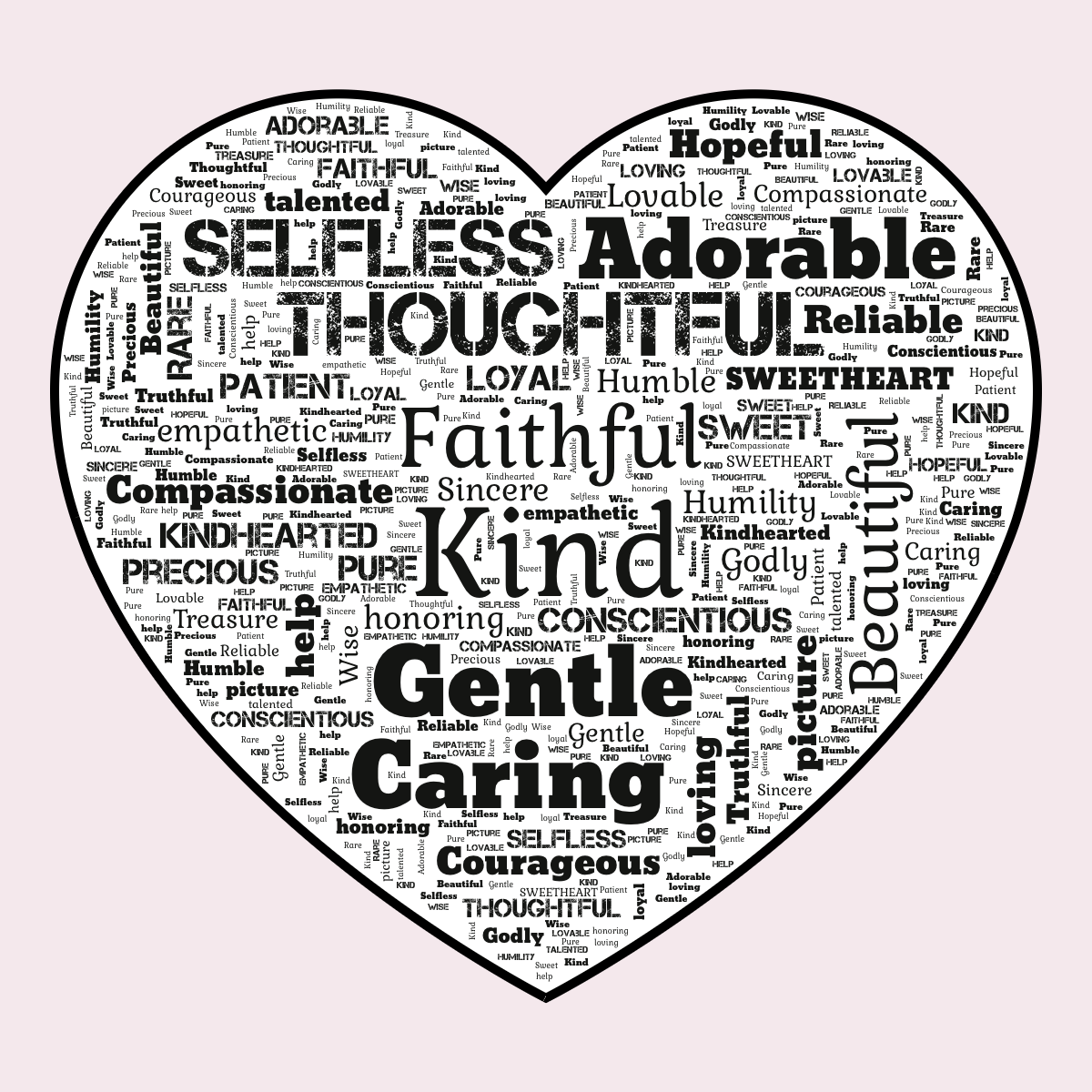 Word cloud in a Heart shape with 35 words like Kind, Faithful and Gentle in multicolor.