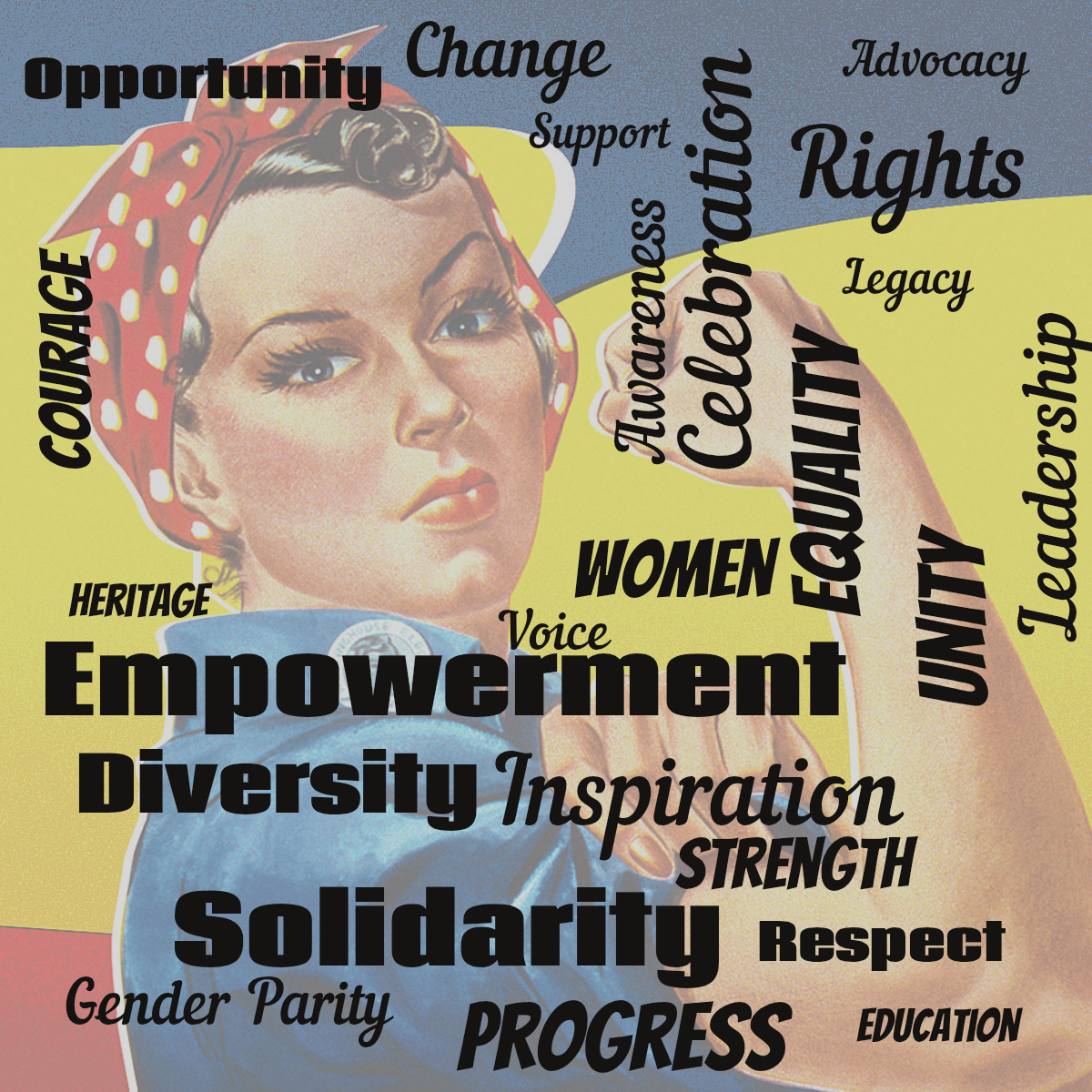 Word cloud with 25 words like Empowerment, Equality and Inspiration in dark orange.