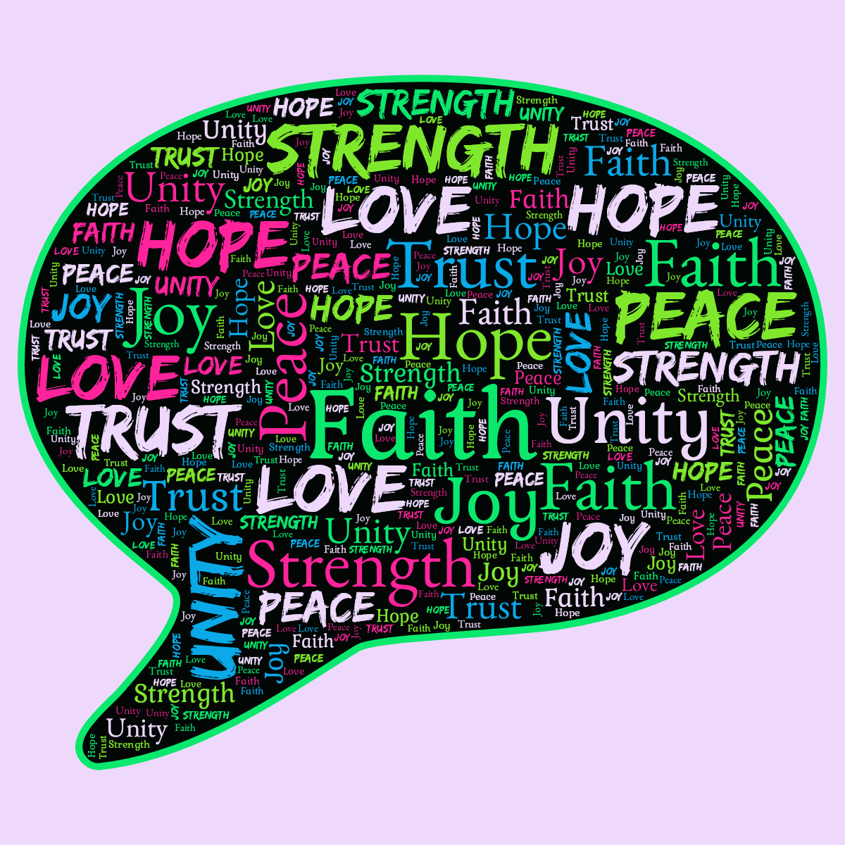 Word cloud in a Speech Bubble shape with 8 words like Faith, Hope and Joy in multicolor.