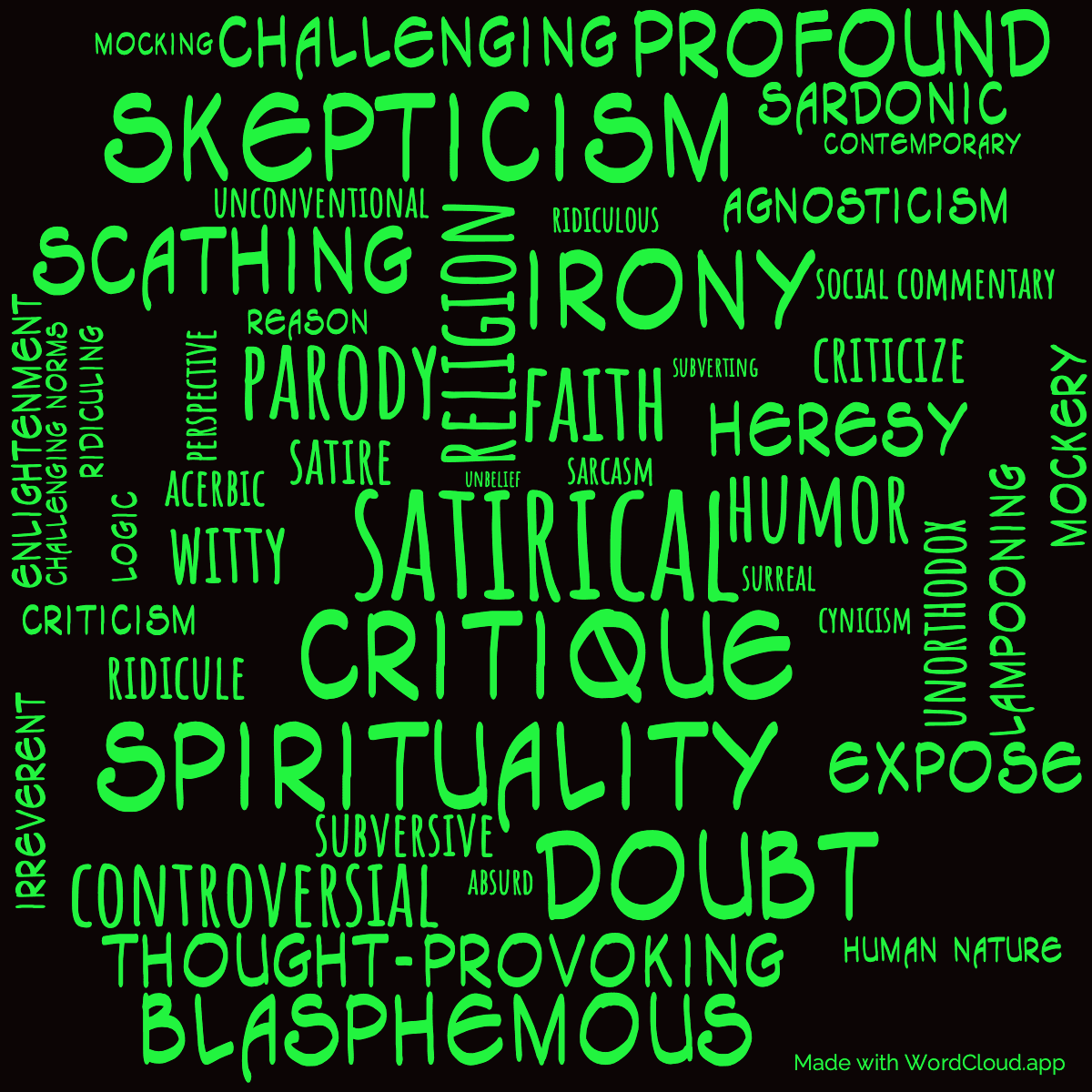Word cloud of the book Christian Science with 49 words like satirical, critique and religion.