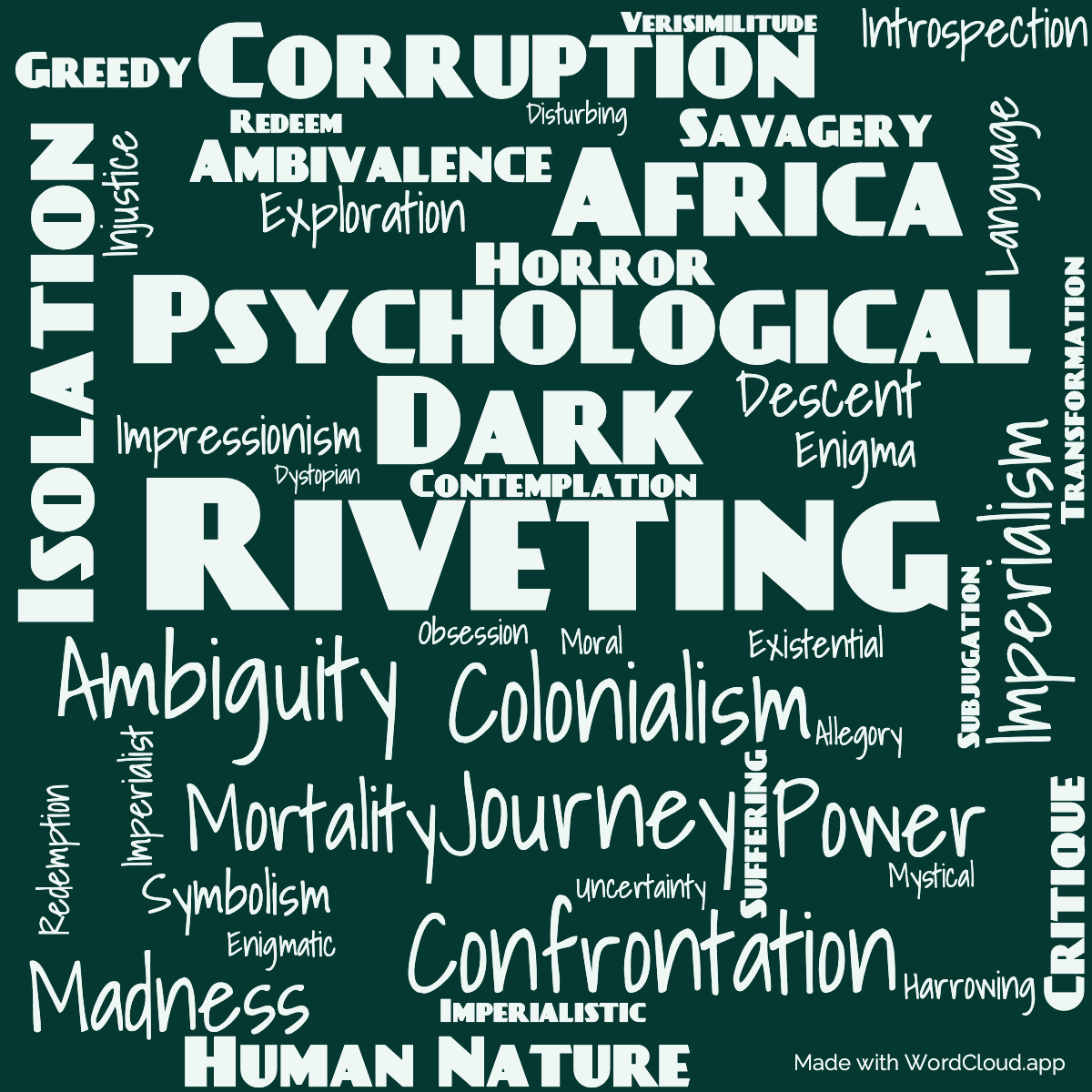 Word cloud of the book Heart of Darkness with 47 words like Riveting, Dark and Colonialism.