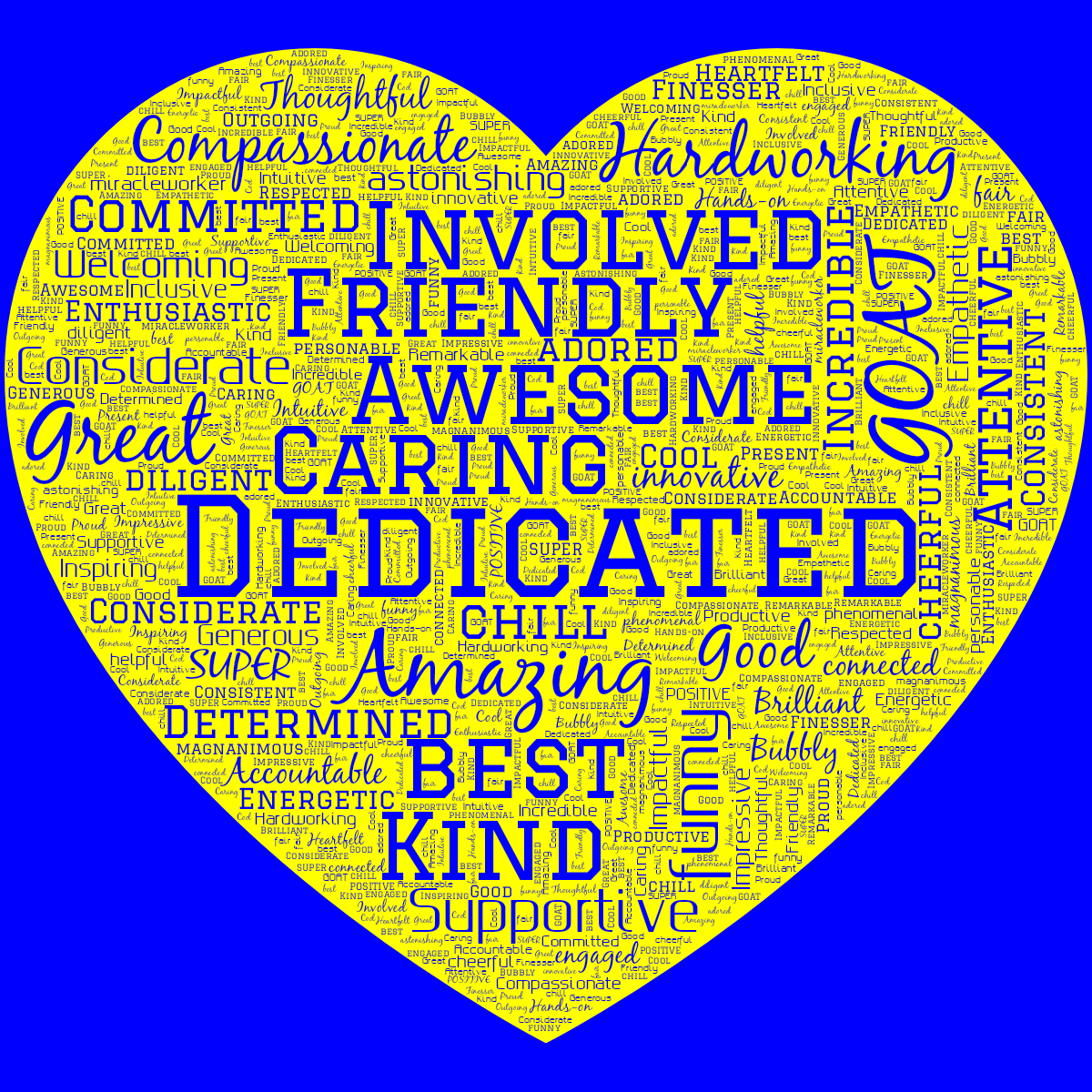 Word cloud in a Heart shape with 62 words like Dedicated, Caring and Amazing in bright blue and yellow.