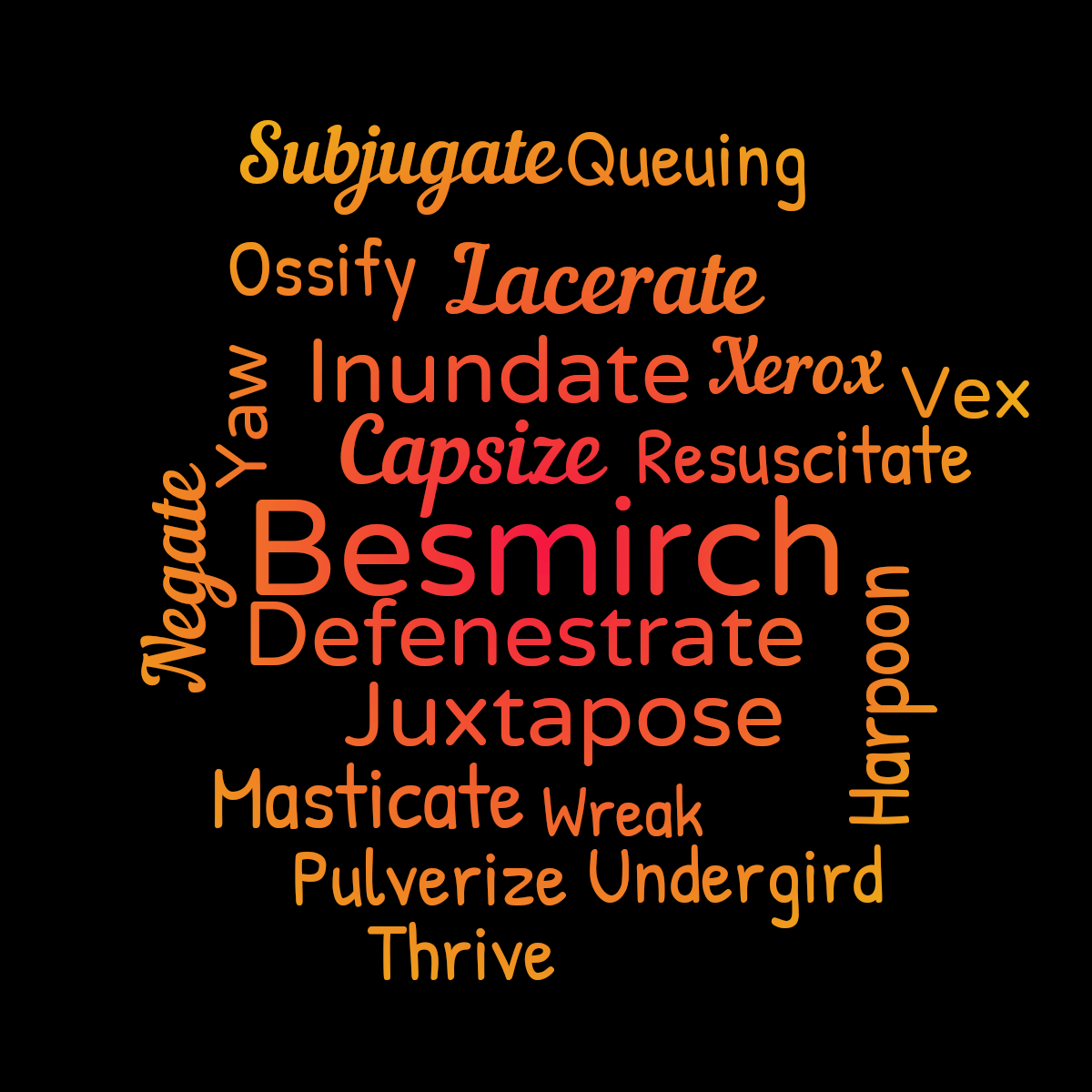 Word cloud with 20 words like Besmirch, Capsize and Defenestrate in red, yellow and black.