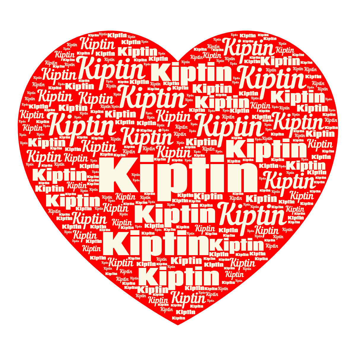 Word cloud in a Heart shape with 1 repeated word Kiptin in yellow, white and red.