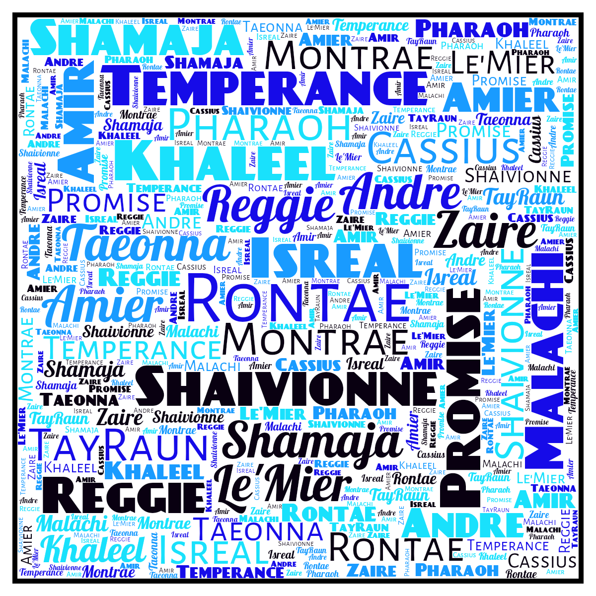 Word cloud in a Square shape with 19 words like Rontae, Montrae and Isreal in blue, black and white.