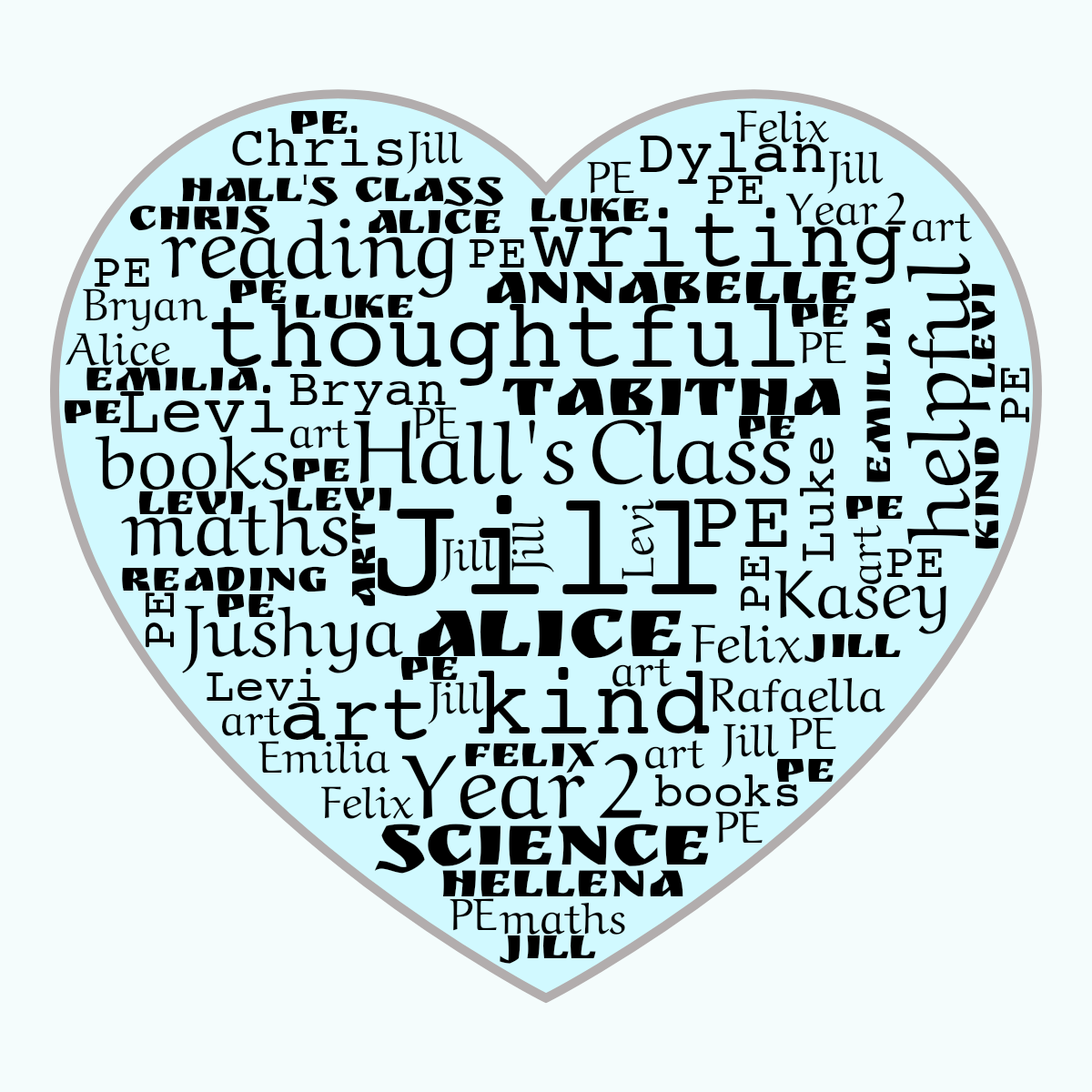 Word cloud in a Heart shape with 27 words like Jill, Alice and Hall's Class in black, blue and gray.